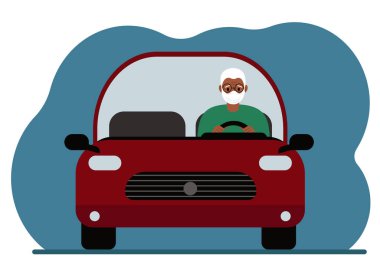 A pensioner man with a medical mask is driving in a red car. Foreground. Vector flat illustration