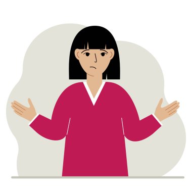 The woman is sad and upset. Hands are spread out in different directions. Vector flat illustration