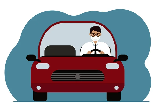 Male Businessman Medical Mask Driving Red Car Foreground Vector Flat — Image vectorielle