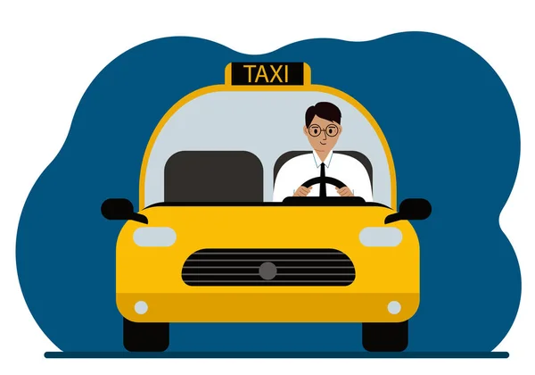Taxi Amarillo Ciudad Volante Conductor Hombre Con Camisa Corbata Primer — Vector de stock