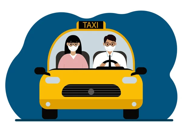 黄色出租车 一名身穿衬衫 打着领带 戴着医疗面罩的出租车司机 带着一名戴着医疗面罩的女乘客 先见之明矢量平面插图 — 图库矢量图片