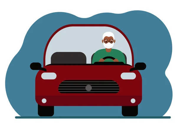 Pensioner Man Medical Mask Driving Red Car Foreground Vector Flat — Wektor stockowy