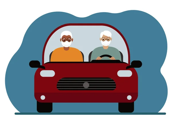 Red Car Couple Retired Men Medical Masks Foreground Vector Flat — Wektor stockowy