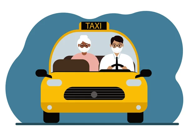 Желтая Машина Такси Мужчина Рубашке Галстуке Таксист Везет Пассажира Бабушке — стоковый вектор
