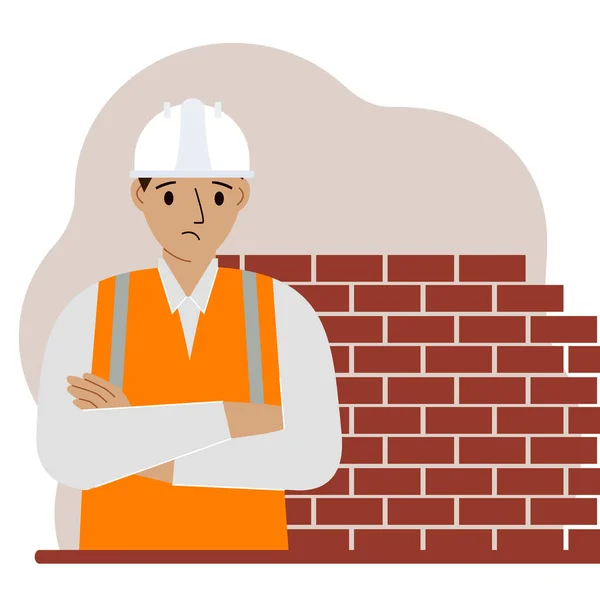 Triste Obrero Construcción Con Casco Blanco Chaleco Naranja Hombre Fondo — Vector de stock