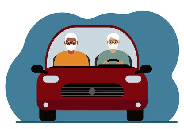 Red Car Couple Retired Men Medical Masks Foreground Vector Flat — Stockvektor