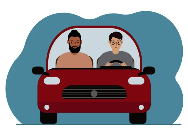 同性别的男人家庭在车上 一个人坐在另一个人旁边开着一辆红色的车 先见之明矢量平面插图 — 图库矢量图片
