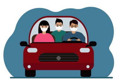 A man is driving a red car next to two passengers. Three people in the car, friends. Foreground. Vector flat illustration
