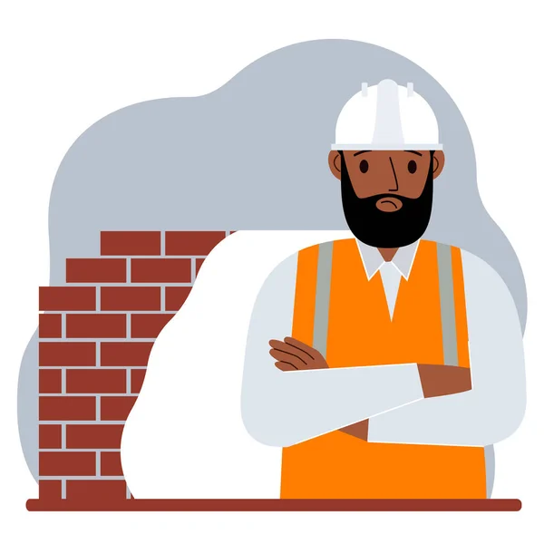 Trabalhador Construção Masculino Triste Capacete Branco Colete Laranja Ilustração Plana —  Vetores de Stock