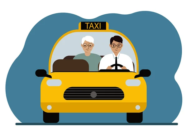 Yellow Taxi Car Man Shirt Tie Taxi Driver Carrying Passenger — Stock vektor