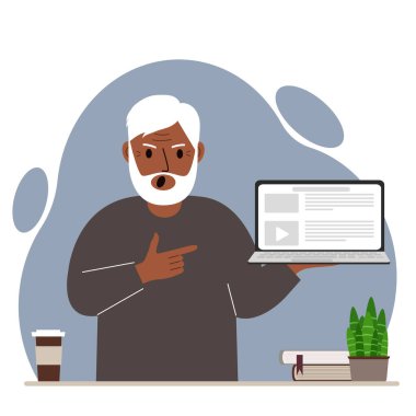 Screaming grandfather holding a laptop computer with one hand and pointing at it with the other. Laptop computer technology concept. Vector flat illustration