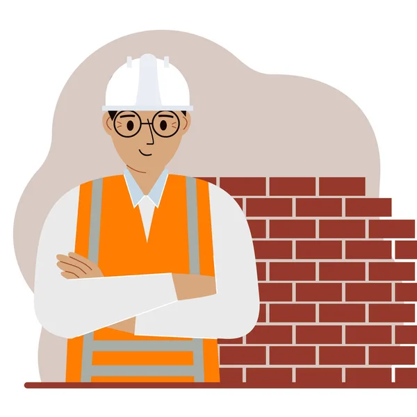 Obrero Construcción Sonriente Con Casco Blanco Chaleco Naranja Ilustración Plana — Archivo Imágenes Vectoriales