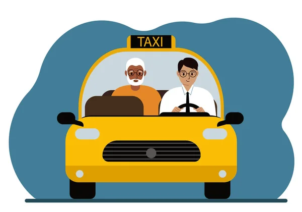 Yellow Taxi Car Man Shirt Tie Taxi Driver Carrying Passenger — Stock Vector