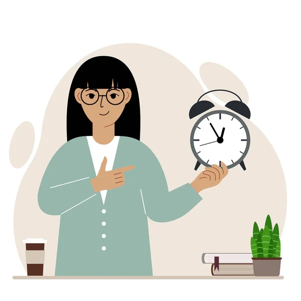 Modern Concept Time Management Illustration Smiling Woman Holds Alarm Clock — ストックベクタ