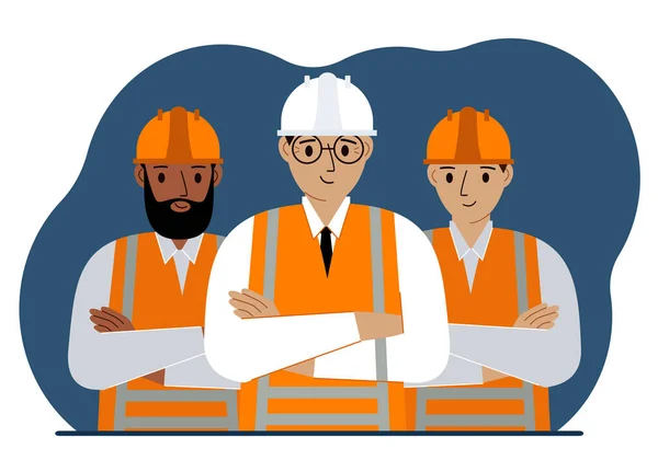 Team Smiling Construction Workers White Orange Hard Hats Orange Vests — Stock Vector