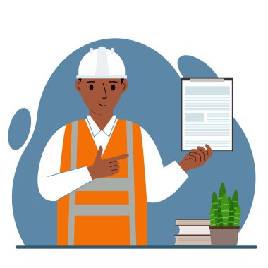 Koruyucu kasklı ve turuncu yelekli bir erkek müteahhit. Elinde belge olan bir pano tutan bir adam. İnşaat endüstrisinin kalite kontrolü ve onarım hizmetleri kavramı. Vektör düz resimleme