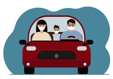 A man drives a red car next to a passenger and a small child in the back seat. Family in the car. Foreground. Everyone is wearing medical masks. Vector flat illustration
