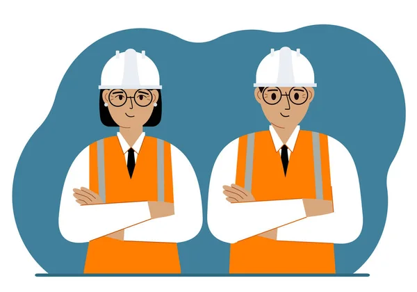 Constructores Sonrientes Hombre Mujer Con Cascos Blancos Chalecos Naranjas Ingeniero — Vector de stock