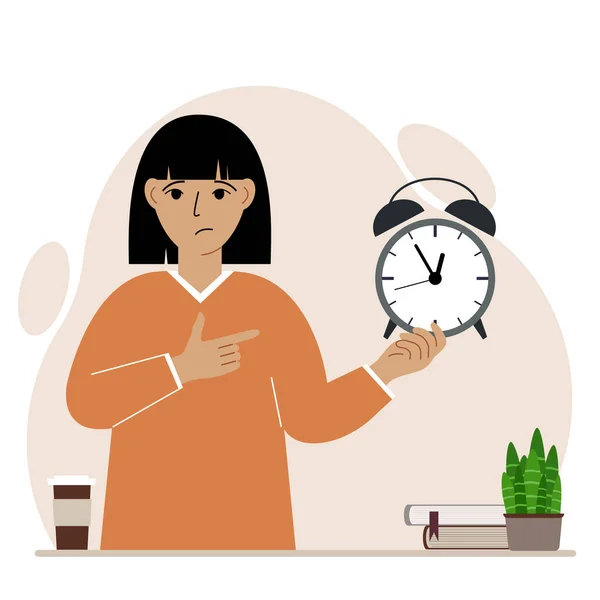 Modern Concept Time Management Illustration Sad Woman Holds Alarm Clock — Διανυσματικό Αρχείο