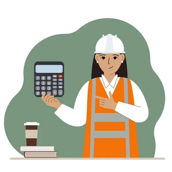 Vrouwelijke Ingenieur Een Witte Bouwhelm Oranje Vest Met Calculator Vector — Stockvector