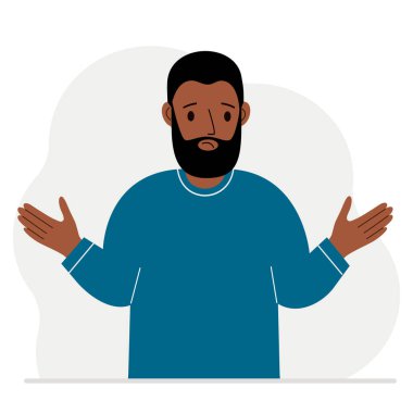 The man is sad and upset. Hands are spread out in different directions. Vector flat illustration
