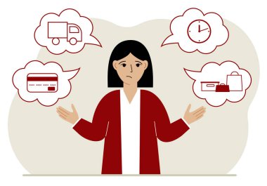 Sipariş ve teslim süreci kavramları. Üzgün kadın ve teslimat emrinin adımları. Ödeme, teslimat arabası, bekleme saatleri, mallar ve alımlar. Vektör düz resimleme