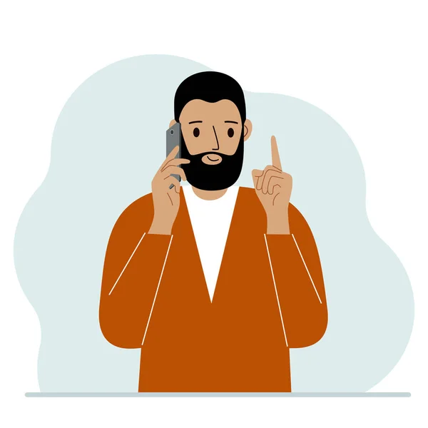 Улыбающийся Мужчина Разговаривает Телефону Эмоциями Одна Рука Телефоном Другая Указательным — стоковый вектор