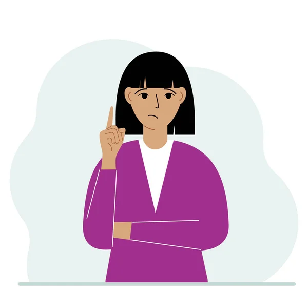 Sad Woman Holding His Index Finger Vector Flat Illustration —  Vetores de Stock