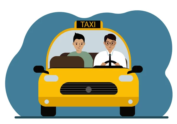 Žlutý Taxík Muž Košili Kravatě Taxikář Nese Pasažéra Popředí Vektorová — Stockový vektor