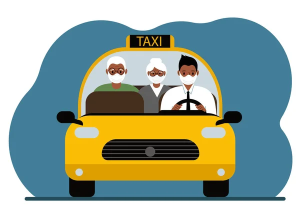 Taxi Amarillo Hombre Con Camisa Corbata Taxista Llevando Pasajeros Abuelos — Vector de stock
