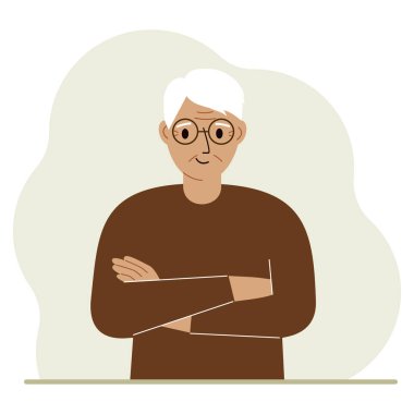 Grandfather with a smile and arms crossed on his chest. Vector flat illustration