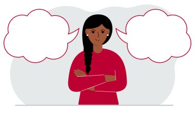 Tatmin olmuş bir kadın doğru kararı vermeye çalışır. Sol ve sağ baloncuklar boş. İki çözümün karşılaştırılması. Vektör düz resimleme