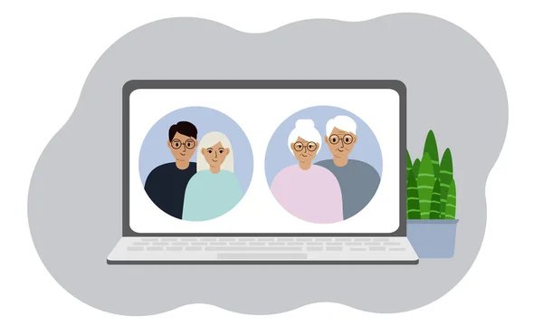 笔记本电脑视频 老的养恤金领取者祖父母人们待在家里 用互联网上的平面矢量图解 — 图库矢量图片