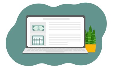Çevrimiçi iş ve yatırım kavramı. İnternet siteli dizüstü bilgisayar, para simgesi, grafikler, hesap makinesi, dolar sembolü. Vektör düz resimleme