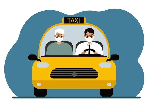Żółta Taksówka Mężczyzna Koszuli Krawacie Taksówkarz Przewozi Pasażera Dziadka Wszyscy — Wektor stockowy