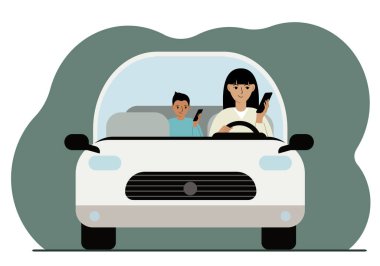 Araba kullanırken akıllı telefon kullanan bir kadın. Bir kadın oğlunu arabada taşıyor. Araba kazası. Vektör düz resimleme