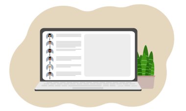 Çevrimiçi webinar ya da çevrimiçi eğitim. Kadın ve erkeklerin çevrimiçi iletişimini gösteren bir dizüstü bilgisayar. Vektör düz resimleme