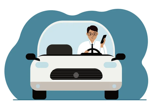 Homem Usando Smartphone Enquanto Dirige Carro Perigo Condução Ilustração Plana — Vetor de Stock