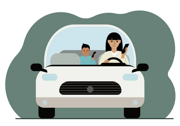 Kobieta Używająca Smartfona Podczas Jazdy Samochodem Kobieta Nosi Jego Syna — Wektor stockowy