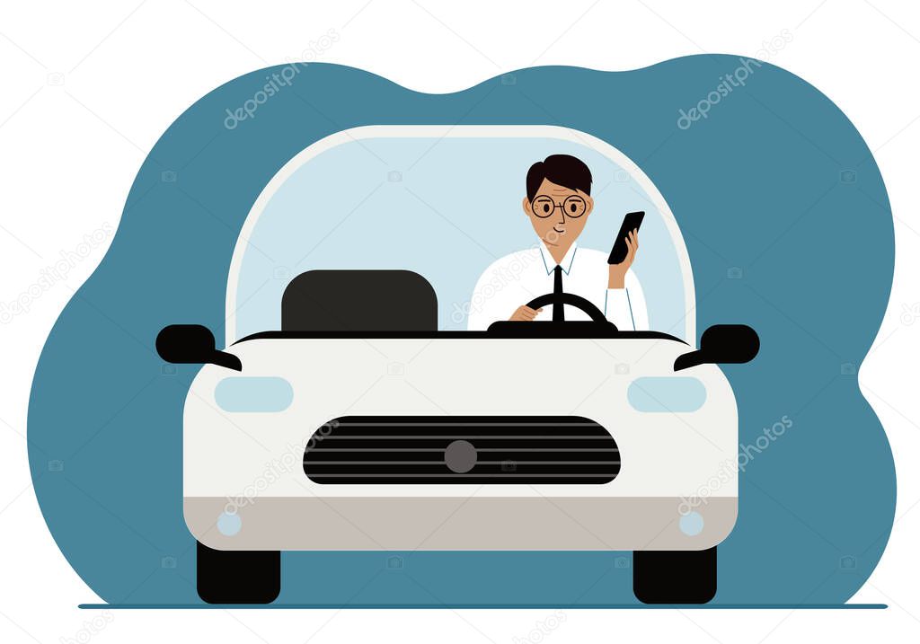 Man using smartphone while driving a car. Driving hazard. Vector flat illustration
