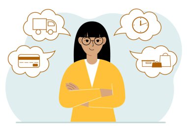 Sipariş ve teslim süreci kavramları. Mutlu kadın ve teslimat emrinin adımları. Ödeme, teslimat arabası, bekleme saatleri, mallar ve alımlar. Vektör düz resimleme