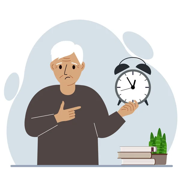 Concepto Moderno Ilustración Gestión Del Tiempo Abuelo Triste Sostiene Despertador — Vector de stock