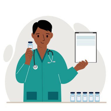 Aşı kavramı. Doktor bir aşı ve bir belge tutuyor. Aşı teslimatı. Sosyal medya kampanyası konsepti, broşür. Vektör düz resimleme