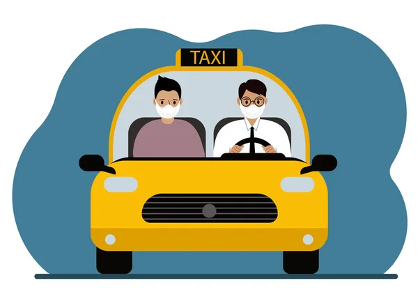 Taxi Amarillo Taxista Con Camisa Corbata Máscara Médica Lleva Pasajero — Vector de stock