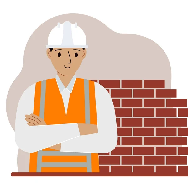 Obrero Construcción Sonriente Con Casco Blanco Chaleco Naranja Ilustración Plana — Vector de stock