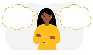 Üzgün bir kadın doğru kararı vermeye çalışır. Sol ve sağ boş kabarcıklar. İki çözümün karşılaştırılması. Vektör düz resimleme