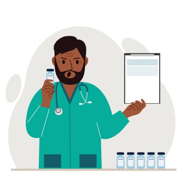 Aşı kavramı. Doktor bir aşı ve bir belge tutuyor. Aşı teslimatı. Sosyal medya kampanyası konsepti, broşür. Vektör düz resimleme