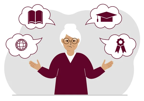 Öğrenme Hakkında Düşünceleri Olan Üzgün Bir Büyükanne Nternet Mesleği Yüksek — Stok Vektör