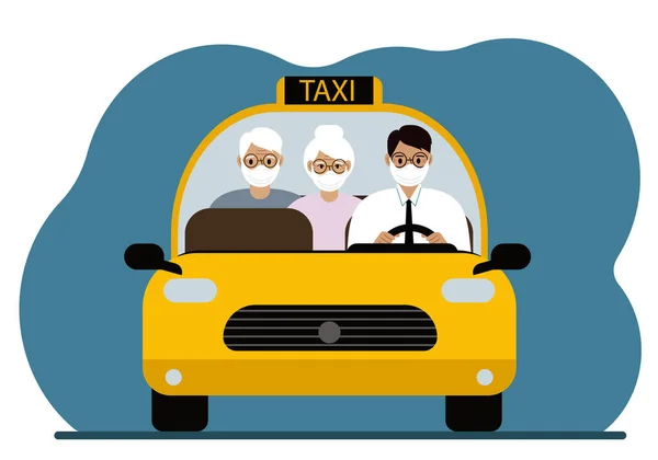 Żółta Taksówka Mężczyzna Koszuli Krawacie Taksówkarz Przewożący Pasażerów Dziadków Wszyscy — Wektor stockowy