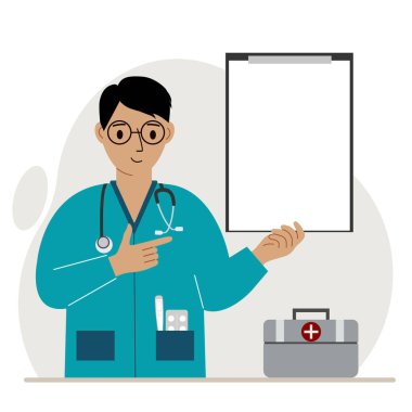 Gülümseyen doktor elinde boş bir kağıtla bir dosya tutuyor. Vektör düz resimleme